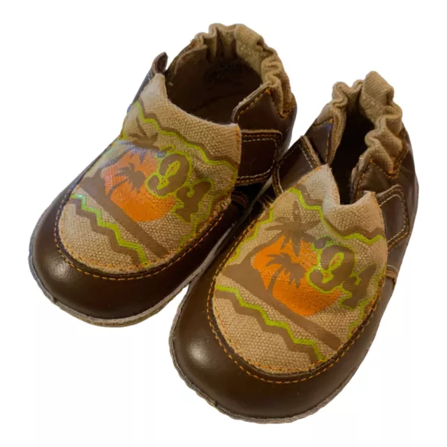 Robeez Boys Shoes Size 3 Soft Sole Brown Green Orange Beach Canvas Leather