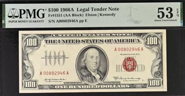 1966A $100 Legal Tender PMG 53EPQ About-Uncirculated red seal US Note Fr 1551