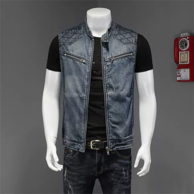 Men's Plus Size Personalized Denim Vest With Motorcycle Style Stand Collar