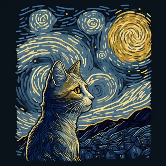 Niedliche brütende Katze unter Sternenhimmel, Vektorgrafik im Van-Gogh-Stil mit