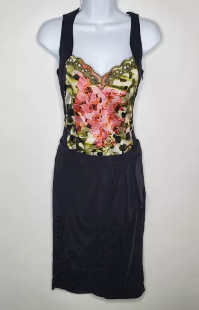 Sassofono Women Faux Wrap Dress Size S Black Floral Sleeveless Sheath Sweetheart