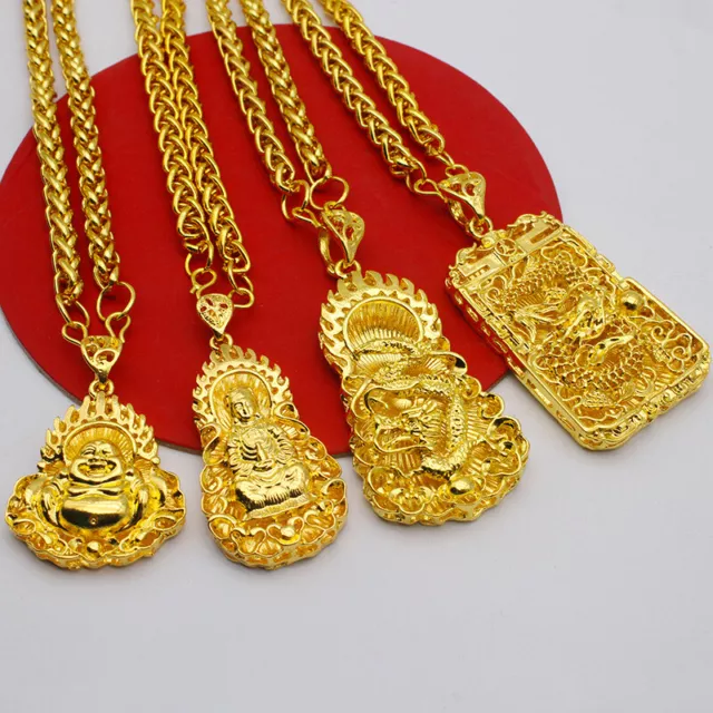 Gold Plated Necklace For Women Men Golden Guanyin Dragon Pendant Clavicle Chain