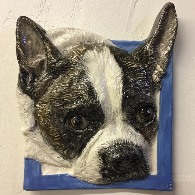Boston Terrier Dog Tile Ceramic portrait handmade sculpture Alexander Art USA