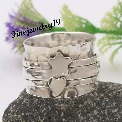 Solid 925 Sterling Silver Wide Band Spinner Ring Meditation Statement Ring FN24