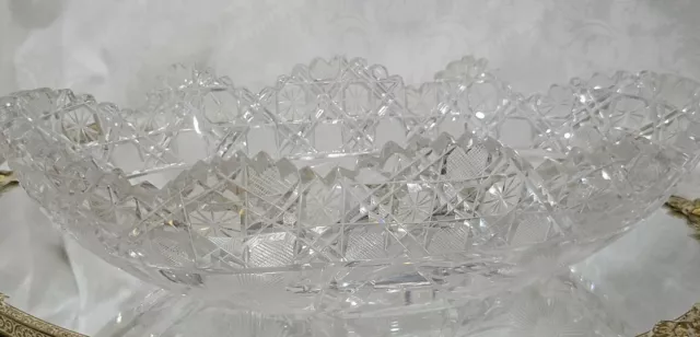 American Brilliant Cut Glass Crystal Oval Bowl Harvard Russian & Floral Cut