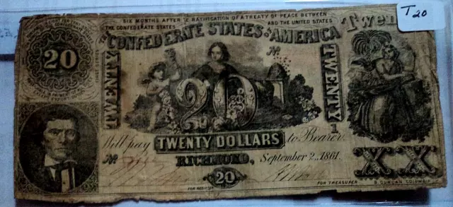 Confederate Paper Currency $20 Bill, Richmond September 2, 1861