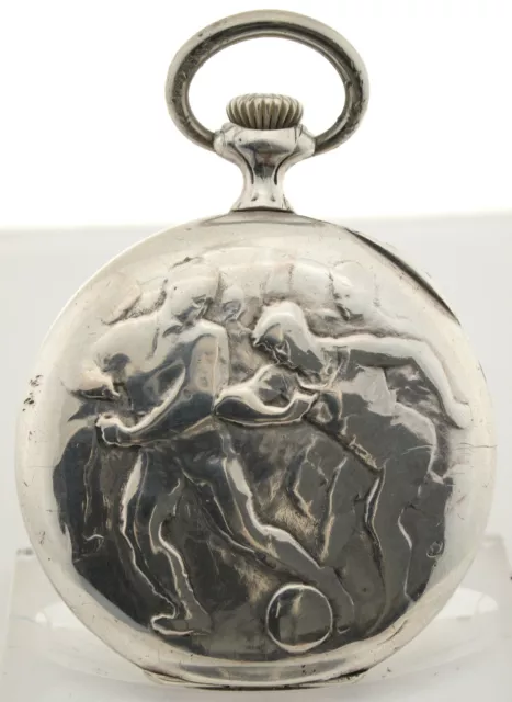 FUSSBALL-PRUNKRELIEF-JUGENDSTIL-TASCHENUHR 800er SILBER  EXTREM SELTENES MODELL