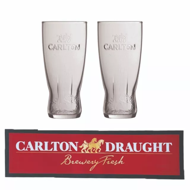 Carlton Draught 1 x Bar Mat + 2 x Embossed Pint  Beer Glasses 855ml NEW MAN CAVE