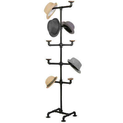 10-Hook Industrial Black Metal Pipe & Wood Coat Stand Hat Display Holder Rack