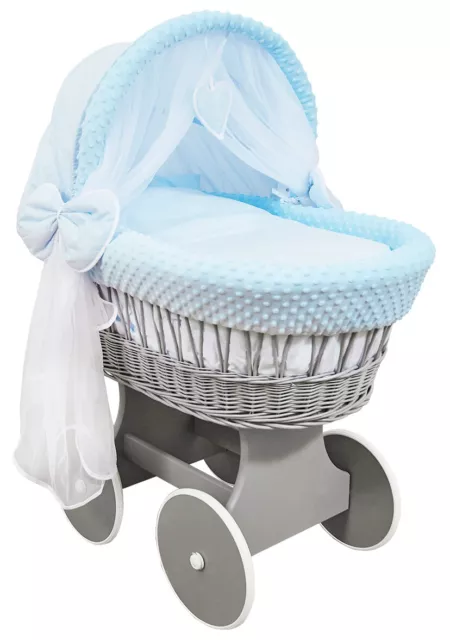 Grey Wicker Wheels Crib/baby Moses Basket + Complete Bedding Blue/dimple