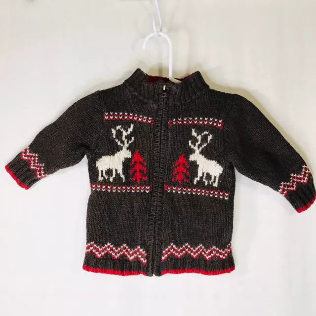 Oshkosh Brown So 12 Mo Reindeer Knit Zip Up Cardigan Sweater Holiday Wool Blend