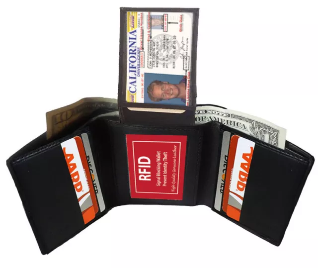 Black Rfid Blocking Mens Genuine Leather Flap Top Trifold Wallet Card Holder