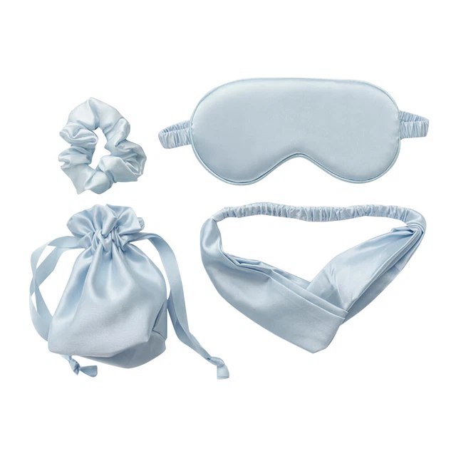 4 piezas Máscara para ojos de seda nocturna para dormir diadema Corbata para el cabello Ayuda para dormir (azul)