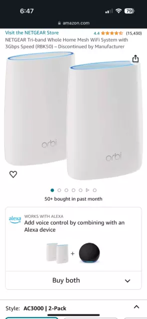 Netgear Orbi AC3000 Trri-Band Wireless Router - White, Pack of 2 (RBK50-100NAS)