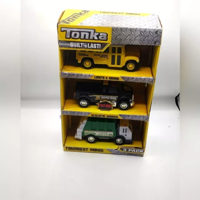 Paquete de 3 autos Tonka Toughest Minis autobús camión de basura patrulla de carreteras NUEVO