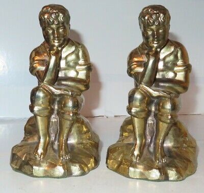 Vintage Cast Metal Bookends Man Boy Reading Book Thinking Pair Gold Brass Look