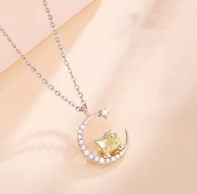 Silver Gold Hello Kitty Cat Moon Star Pave Cubic Zirconia Pendant Chain Necklace