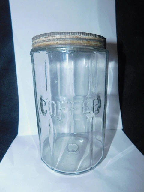 COFFEE HOOSIER CABINET GLASS JAR with tin lid