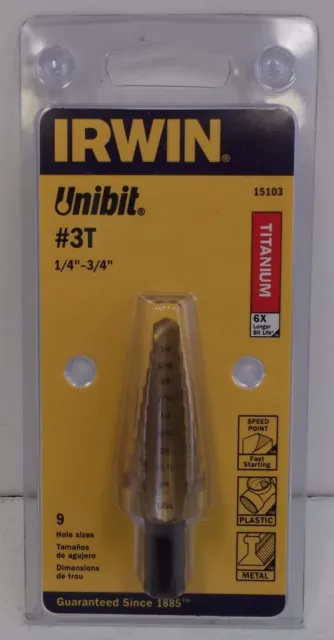 Irwin #3T Unibit 1/4"-3/4" 15103 Titanium Coated 9 Hole Sizes