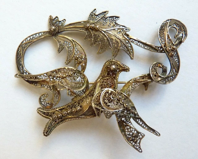 Small Scandinavian Filigree Brooch Sterling Silver Antique Vintage Tassels