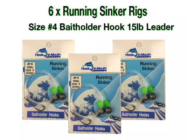 6 Running Sinker Whiting Fishing Rigs - #4 Baitholder Hook Size 2 Sinker 15lb