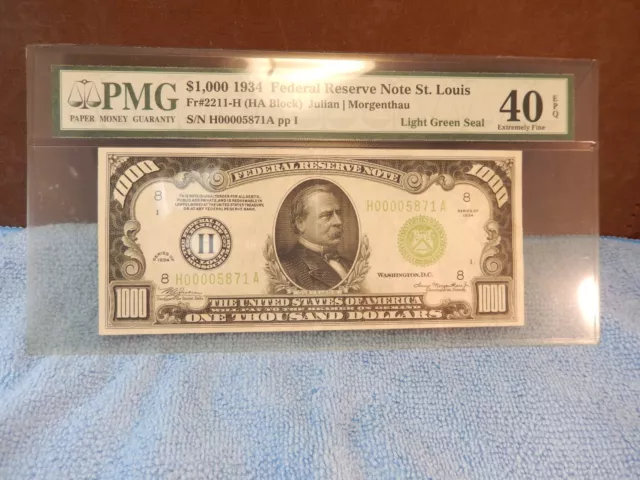 $1,000 1934 - Saint Louis Federal Reserve Note - LIGHT GREEN SEAL PMG 40 EPQ
