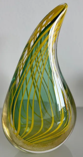 Pavel Havelka Beautiful Teal & Yellow Hand Blown Glass Art Piece - Signed