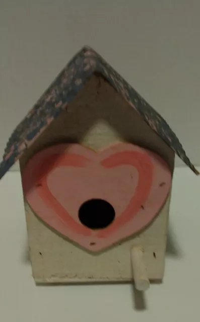 Primitive Birdhouse Handcrafted Wooden Cottage Pink Tin Roof Hand Painted Detail
