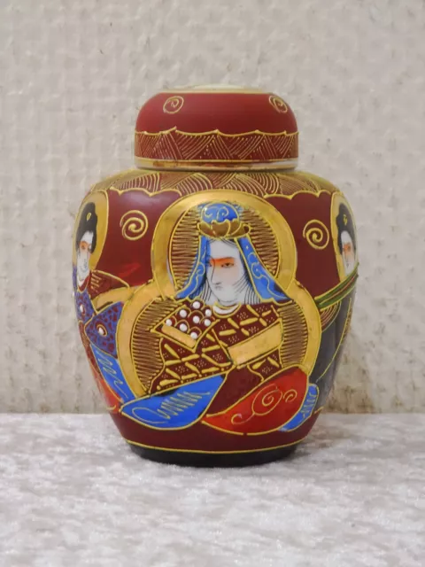 O98ztr - Moriage Satsuma Porzellan Dose Japan Handwork Vintage Geisha Samurai