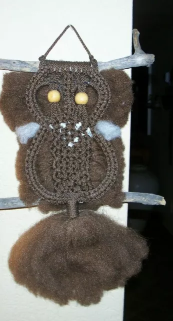 Vintage Handmade Macrame  FLUFFY Owl Wall Hanging Wood Branches Boho Groovy 70’s