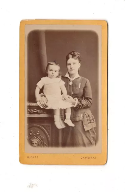 H. Caze CDV Foto Feine Dame mit kleinen Mädchen + Widmung - Cambrai um 1880