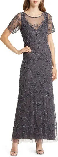 PISARRO NIGHTS Beaded Mesh Column Gown In Slate Grey- SIZE 12 NWT - MSRP $268