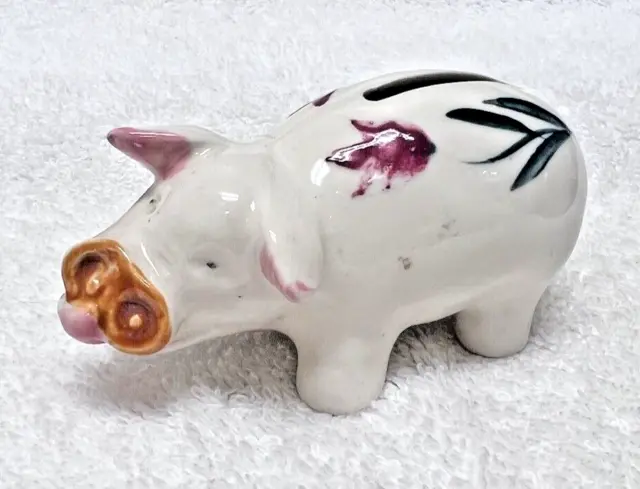 Vintage Pottery Pig Piggy Bank Kachasan Japan Big Nose Tongue Hand Painted Tulip