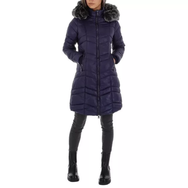 Cappotto da donna lungo giubbino giubbotto piumino pelliccia cappuccio blu