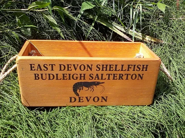 EAST DEVON SHELLFISH rustic wooden storage box with rope handles . Lovely gift.