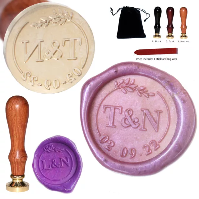 22mm Wax Seal Stamp Leaf with Personalised Initials & Date - Custom Engraved