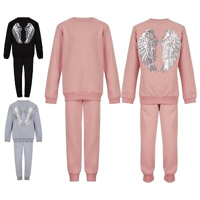 Girls Tracksuit Angel Wings Sequins Sweatshirt Top Pants New Warm 2 Piece Outfit