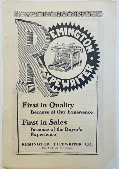 1905 REMINGTON TYPEWRITER Vintage Antique Printed Ad 8x5" Century Magazine