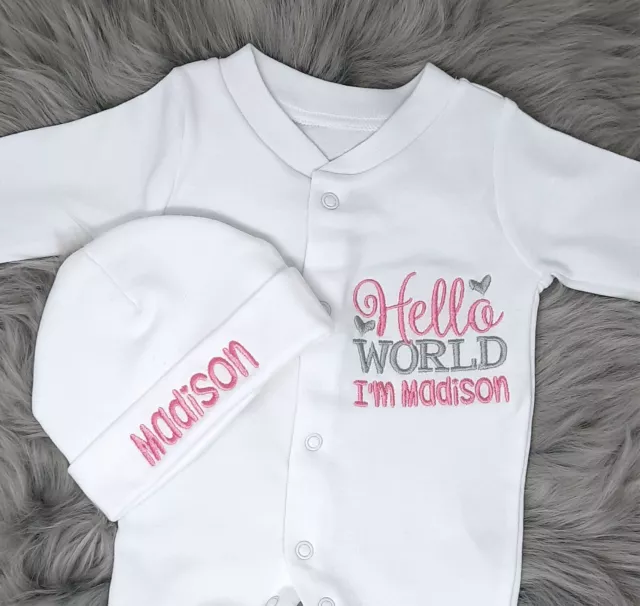 Personalised Baby Sleepsuit + Hat Set, Hello World Girl Pink Gift Newborn