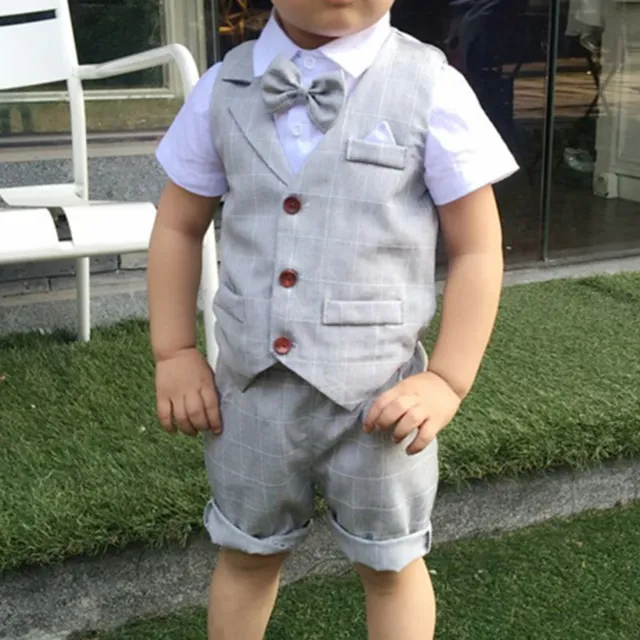 Baby Boy Gentleman Outfit Bow Tie Vest Shorts Top Shorts Set Party Formal Suit