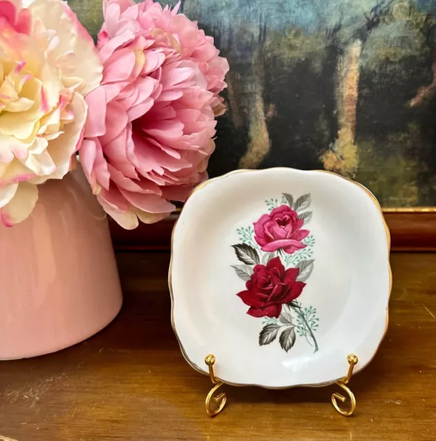 Beautiful Vintage c1930s Delphine Bone China Floral Pink & Red Rose Square Plate 2