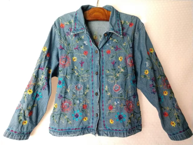 Vintage Tantrums Denim Floral Embroidered Jean Jacket Size Medium, Chest 40"