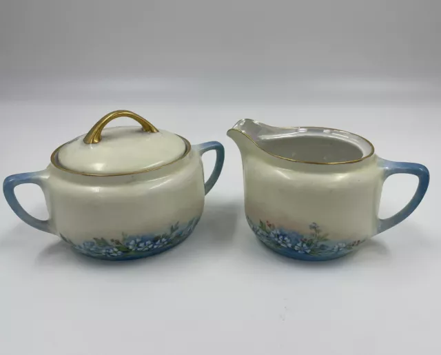 Antique Cream Pitcher & Lidded Sugar Bowl Blue Forget Me Not Hand-Paint Germany