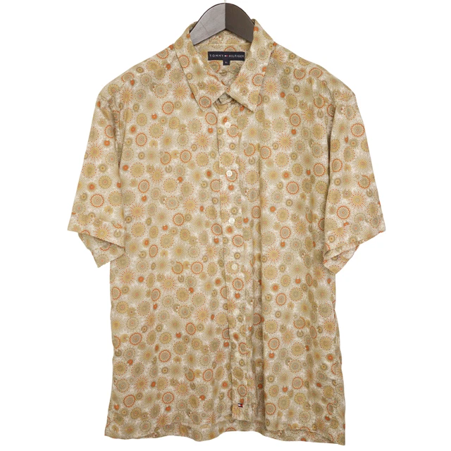 Uomo Tommy Hilfiger Camicia Maniche Corte Beige Floreale Vintage 90's Taglia XL