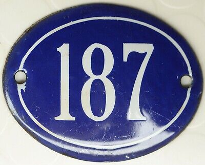Old blue oval French house number 187 door gate plate plaque enamel steel sign