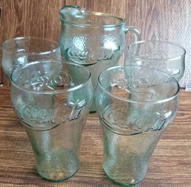 Coca Cola Ice Rim Pitcher and 4 Glass Pebbled Green Cups 5pc Set XLarge Vintage