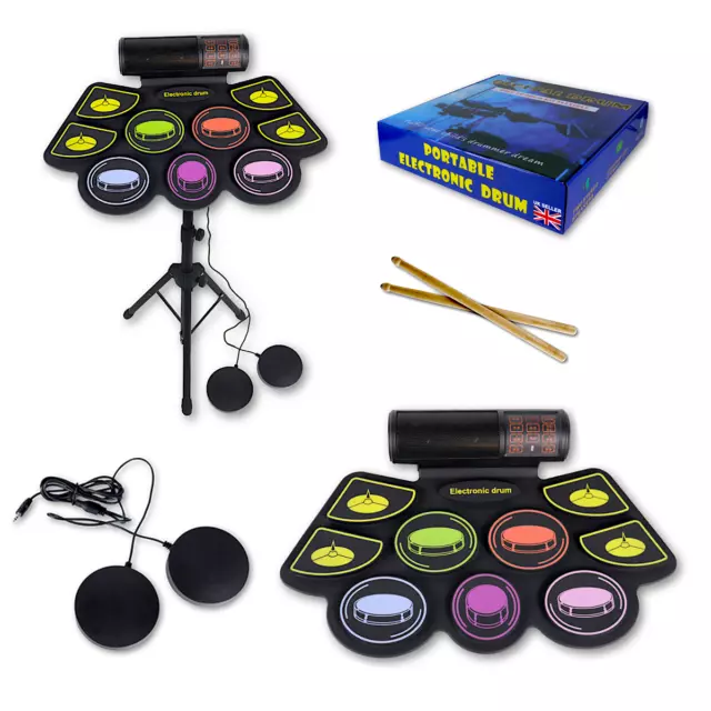 Electronic Roll Up Drum Kit Built-In Stereo Speaker for Kids & Beginners UK