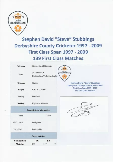 Steve Stubbings Derbyshire County Cricketer 1997-2009 Original Autograph