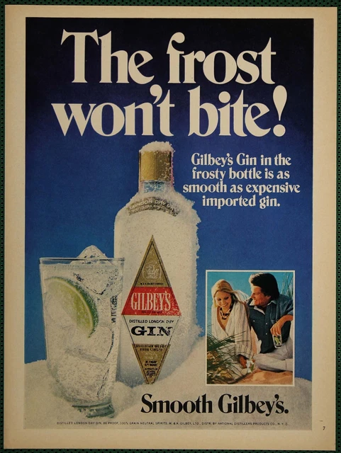 Gilbey’s Gin Frosty Bottle Smooth Lime Slice Vintage Print Ad 1976