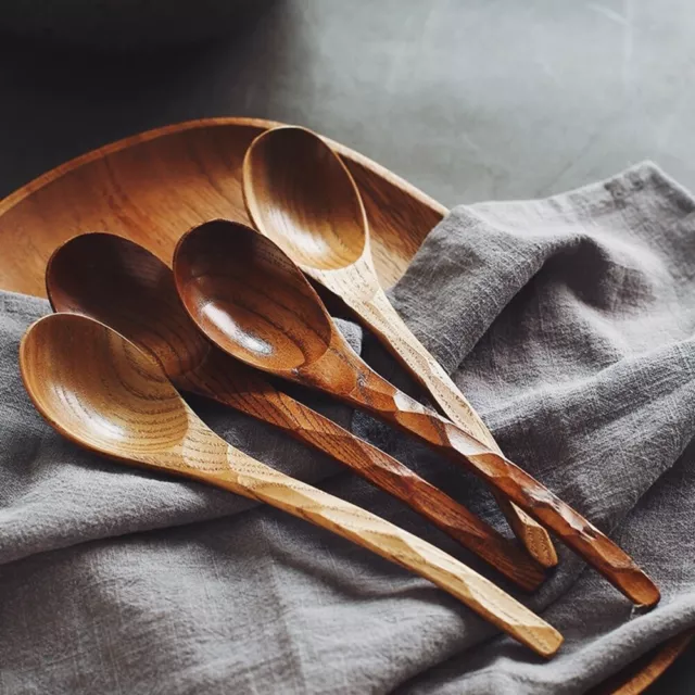 Wooden Soup Spoons Japanese Ramen Spoons Round Nanmu Wood Long Handle